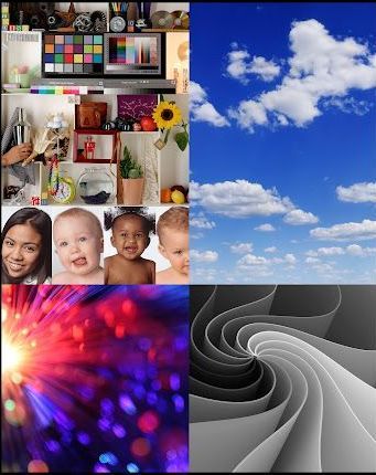 A collage of pictures including a baby , a woman , a swirl , and a blue sky